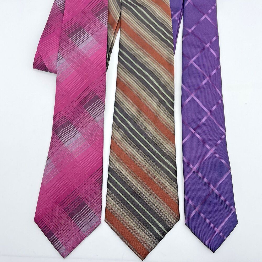 Calvin Klein Silk Blend Neckties Lot of 3 Pink Brown Purple Window Pane Striped